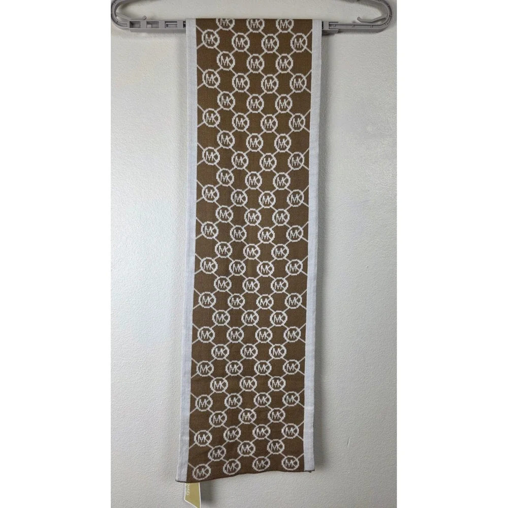 Michael Kors Knit Scarf Camel Cream Reversible MK Logo Monogram 62